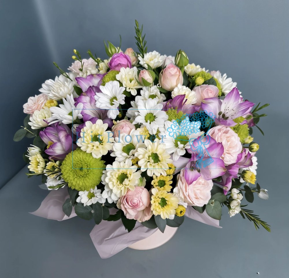 Композиция из живых цветов Мелодия рассвета Цветочная композиция из Розы, Хризантемы и Альстромерии